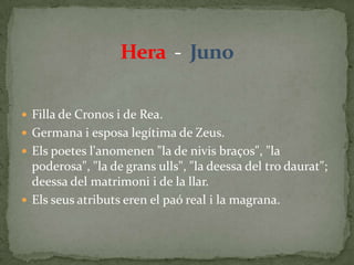 Hera  -  JunoFilla de Cronos i de Rea.Germana i esposa legítima de Zeus.Els poetes l'anomenen "la de nivis braços", "la poderosa", "la de grans ulls", "la deessa del tro daurat"; deessa del matrimoni i de la llar.Els seus atributs eren el paó real i la magrana.