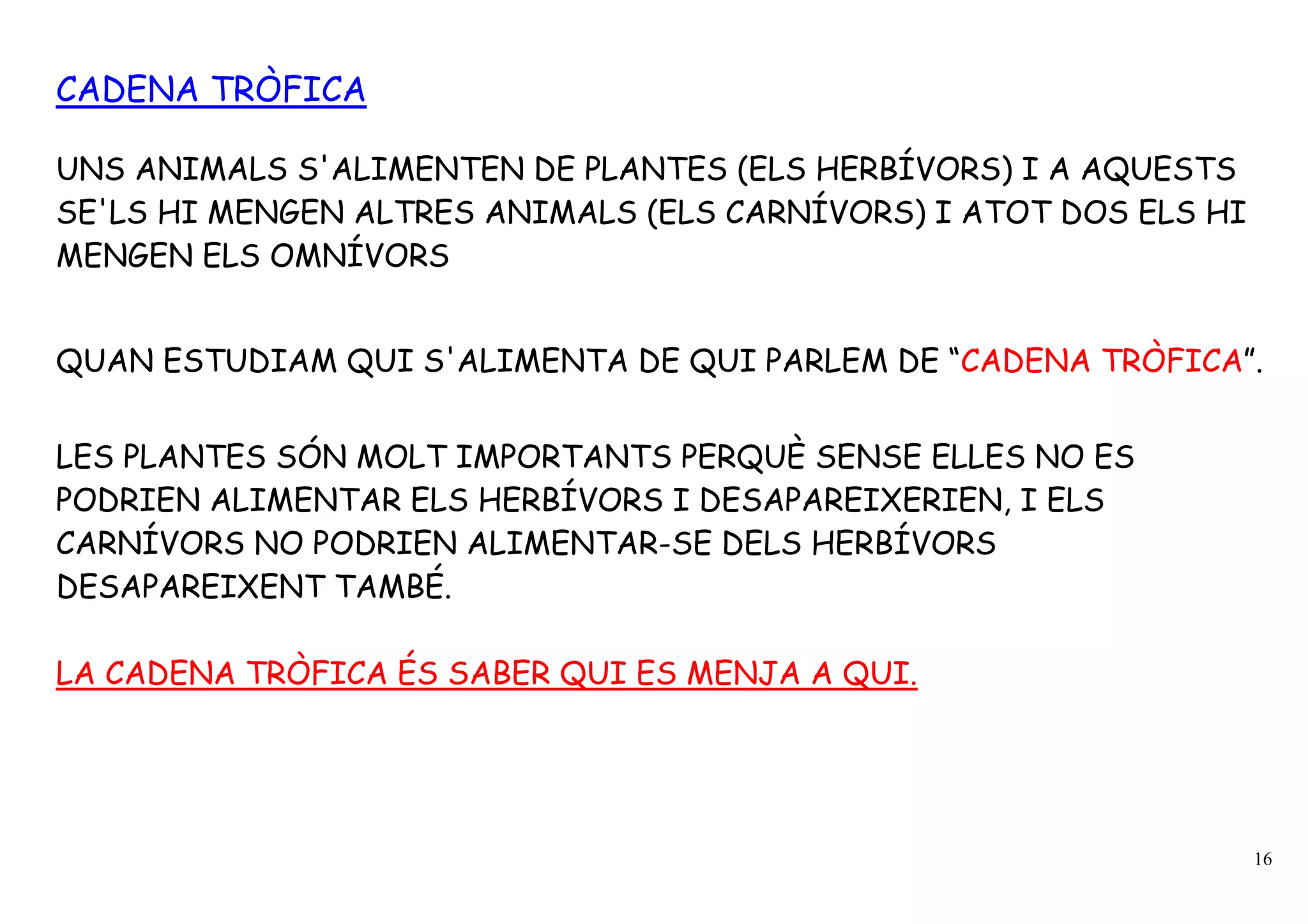 CADENA TRÒFICA

UNS ANIMALS S'ALIMENTEN DE PLANTES (ELS HERBÍVORS) I A AQUESTS
SE'LS HI MENGEN ALTRES ANIMALS (ELS CARNÍVORS) I ATOT DOS ELS HI
MENGEN ELS OMNÍVORS


QUAN ESTUDIAM QUI S'ALIMENTA DE QUI PARLEM DE “CADENA TRÒFICA”.


LES PLANTES SÓN MOLT IMPORTANTS PERQUÈ SENSE ELLES NO ES
PODRIEN ALIMENTAR ELS HERBÍVORS I DESAPAREIXERIEN, I ELS
CARNÍVORS NO PODRIEN ALIMENTAR-SE DELS HERBÍVORS
DESAPAREIXENT TAMBÉ.

LA CADENA TRÒFICA ÉS SABER QUI ES MENJA A QUI.




                                                                   16
 