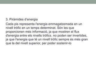3. Piràmides d’energia
Cada pis representa l'energia emmagatzemada en un
nivell tròfic en un temps determinat. Són les que
proporcionen més informació, ja que mostren el flux
d'energia entre els nivells tròfics. no poden ser invertides,
ja que l'energia que té un nivell tròfic sempre és més gran
que la del nivell superior, per poder sostenir-lo
 