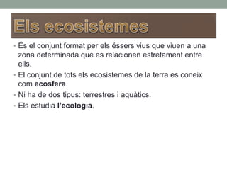 • És el conjunt format per els éssers vius que viuen a una
zona determinada que es relacionen estretament entre
ells.
• El conjunt de tots els ecosistemes de la terra es coneix
com ecosfera.
• Ni ha de dos tipus: terrestres i aquàtics.
• Els estudia l’ecologia.
 
