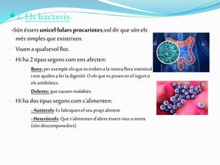 2. Els bacteris:
-Sónéssersunicel·lularsprocariotes,voldirquesónels
méssimplesqueexisteixen.
- Viuena qualsevollloc.
- Hiha 2tipussegonscomensafecten:
- Bons:perexemple els quees trobena lanostrafloraintestinal
iens ajudenaferla digestió.O els quees poseneneliogurto
els antibiòtics.
- Dolents: quecausen malalties
- Hiha dostipussegonscoms’alimenten:
- - Autòtrofs:Es fabriquenelseu propialiment.
- - Heteròtrofs:Ques’alimenten d’altres éssers vius omorts
(sóndescomponedors)
 