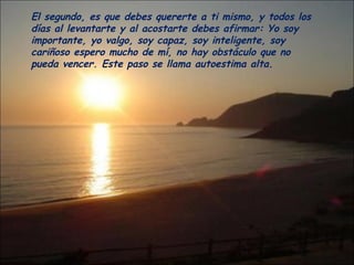 El segundo, es que debes quererte a ti mismo, y todos los días al levantarte y al acostarte debes afirmar: Yo soy importante, yo valgo, soy capaz, soy inteligente, soy cariñoso espero mucho de mí, no hay obstáculo que no pueda vencer. Este paso se llama autoestima alta.  