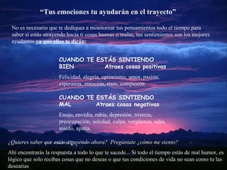 “Tus emociones tu ayudarán en el trayecto”

 No es necesario que te dediques a monitorear tus pensamientos todo el tiempo para
 saber si estás atrayendo hacia ti cosas buenas o malas, tus sentimientos son los mejores
 ayudantes ya que ellos te dirán:


                      CUANDO TE ESTÁS SINTIENDO
                      BIEN        Atraes cosas positivas
                      Felicidad, alegría, optimismo, amor, pasión,
                      esperanza, emoción, risas, compasión

                      CUANDO TE ESTÁS SINTIENDO
                      MAL       Atraes cosas negativas
                      Enojo, envidia, rabia, depresión, tristeza,
                      preocupación, soledad, culpa, vergüenza, odio,
                      miedo, apatía.

¿Quieres saber que estás atrayendo ahora? Pregúntate ¿cómo me siento?
Ahí encontrarás la respuesta a todo lo que te sucede... Si todo el tiempo estás de mal humor, es
lógico que solo recibas cosas que no deseas o que tus condiciones de vida no sean como tu las
desearías
 