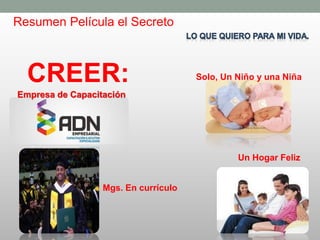 Resumen Película el Secreto
CREER: Solo, Un Niño y una Niña
Empresa de Capacitación
Un Hogar Feliz
Mgs. En currículo
 