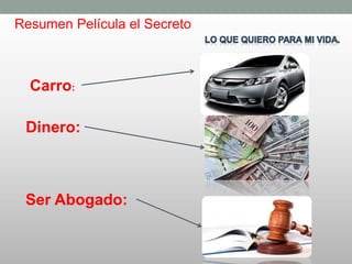 Resumen Película el Secreto
Carro:
Dinero:
Ser Abogado:
 