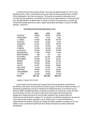 La distribución del stock equino del país indica que los departamentos de Cerro Largo,
Paysandú, Rivera, Salto y Tacuarembó; son los que tienen las mayores poblaciones; y Colonia,
Flores, Maldonado y San José; las menores. Tal situación se encuentra relacionada con la
actividad agrícola ganadera y la extensión territorial de los departamentos. Un caso particular
es el del departamento de Montevideo* en donde la tenencia de equinos para la recolección
informal de residuos domiciliarios sería, según estimaciones municipales, cercana a los 5000
animales.- (Cuadro 2)
DISTRIBUCION DE EQUINOS EN EL PAIS
1980 1990 1999
ARTIGAS 34.052 29.174 27.626
CANELONES 7.670 7.237 7.361
C. LARGO 42.926 42.258 39.779
COLONIA 11.240 11.006 9.199
DURAZNO 26.122 29.159 25.929
FLORES 11.318 10.574 9.222
FLORIDA 24.335 26.284 22.954
LAVALLEJA 26.965 28.256 27.805
MALDONADO 11.295 11.838 12.149
MONTEVIDEO* 208 321 366
PAYSANDU 36.275 36.381 33.956
RIO NEGRO 23.098 22.417 19.016
RIVERA 34.428 33.868 27.168
ROCHA 24.525 24.510 22.741
SALTO 41.427 34.067 30.881
SAN JOSE 11.620 11.037 9.993
SORIANO 20.964 19.776 16.860
TACUAREMBO 42.195 41.926 3.8919
T. Y TRES 22.528 23.840 23.395
TOTAL 453.191 443.929 405.319
Cuadro 2. Fuente: D.I.C.O.S.E
La gran mayoría de los equinos que integran estas cifras de población y distribución ,
pertenecen al sub-sector de la producción y tenencia bajo la forma de un sistema extensivo. Si
analizamos la población en función al tamaño de los establecimientos, en el extracto que va
desde las 1000 a las 5000 hectáreas, es donde se encuentra el cuarenta por ciento del stock
nacional (Cuadro 3). Esta cifra indica la importancia de la especie para la producción
agropecuaria. Desde este punto de vista se debe considerar que un equino adulto en
condiciones de mantenimiento consume 1,2 en relación a la cantidad consumida por una vaca de
cuatrocientos kilos de peso, gestando y con un ternero al pie. Si estas equivalencias y
requerimientos los llevamos a equinos con cargas de trabajo medianas y a yeguas de cría; las
mismas crecen y aumentan el significado de la tenencia de equinos en estas condiciones
(extensivas).-
 