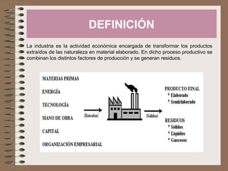 DEFINICIÓN
La industria es la actividad económica encargada de transformar los productos
extraídos de las naturaleza en material elaborado. En dicho proceso productivo se
combinan los distintos factores de producción y se generan residuos.
 