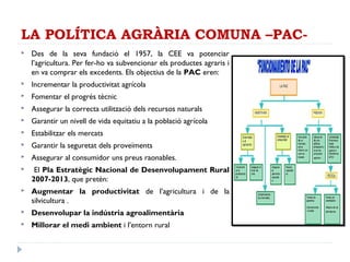 LA POLÍTICA AGRÀRIA COMUNA –PAC-
 Des de la seva fundació el 1957, la CEE va potenciar
l’agricultura. Per fer-ho va subvencionar els productes agraris i
en va comprar els excedents. Els objectius de la PAC eren:
 Incrementar la productivitat agrícola
 Fomentar el progrés tècnic
 Assegurar la correcta utilització dels recursos naturals
 Garantir un nivell de vida equitatiu a la població agrícola
 Estabilitzar els mercats
 Garantir la seguretat dels proveïments
 Assegurar al consumidor uns preus raonables.
 El Pla Estratègic Nacional de Desenvolupament Rural
2007-2013, que pretén:
 Augmentar la productivitat de l’agricultura i de la
silvicultura .
 Desenvolupar la indústria agroalimentària
 Millorar el medi ambient i l’entorn rural
 