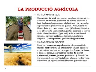 LA PRODUCCIÓ AGRÍCOLA
 ELS CONREUS DE SECÀ
 Els conreus de secà més estesos són els de cereals, vinyes
i oliveres. Els cereals es conreen de manera extensiva; el
blat és el cereal predominant a la Península . La vinya s’ha
especialitzat en produir vins de qualitat ( Rioja, Ribera del
Duero, Priorat...) i vins blancs i caves ( Catalunya). Respecte
a les oliveres ha augmentat la superfície destinada al conreu
de les olives d’almàssera ( per a oli). A les zones de secà
també es conreen fruits secs ( ametllers, avellaners,
nogueres...), oleaginoses ( gira-sols) i lleguminoses.
 ELS CONREUS DE REGADIU
 Entre els conreus de regadiu destaca la producció de
fruita i horticultura. Els cítrics tenen un gran pes en les
exportacions, sobretot les taronges. Les fruites de llavor
( pomes, peres, nespres) i les fruites de pinyol
( albercocs, cireres, prunes, préssecs....). També s’ha
incrementat el conreu d’hortalisses a la zona mediterrània.
Els conreus de regadiu són més rendibles que els de secà.
 