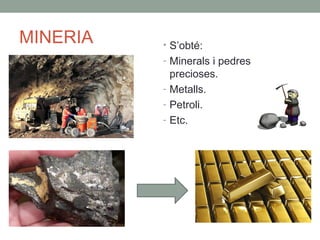 MINERIA • S’obté:
- Minerals i pedres
precioses.
- Metalls.
- Petroli.
- Etc.
 