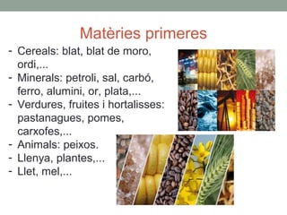 Matèries primeres
- Cereals: blat, blat de moro,
ordi,...
- Minerals: petroli, sal, carbó,
ferro, alumini, or, plata,...
- Verdures, fruites i hortalisses:
pastanagues, pomes,
carxofes,...
- Animals: peixos.
- Llenya, plantes,...
- Llet, mel,...
 