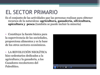 EL SECTOR PRIMARIO Es el conjunto de las actividades que las personas realizan para obtener recursos de la naturaleza:  agricultura, ganadería, silvicultura, apicultura y  pesca  (también se puede incluir la minería) Constituye la fuente básica para  la supervivencia de las sociedades, proporciona alimentos y es la base de los otros sectores económicos. LA REVOLUCIÓN NEOLÍTICA hizo sedentarios dedicados a la agricultura y la ganadería, a los Cazadores-recolectores del Paleolítico. 