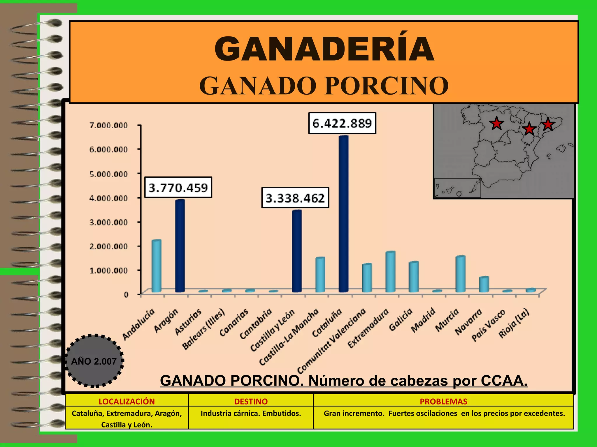 GANADERÍA GANADO PORCINO GANADO PORCINO. Número de cabezas por CCAA. AÑO 2.007 LOCALIZACIÓN DESTINO PROBLEMAS Cataluña, Extremadura, Aragón, Castilla y León. Industria cárnica. Embutidos. Gran incremento.  Fuertes oscilaciones  en los precios por excedentes. 