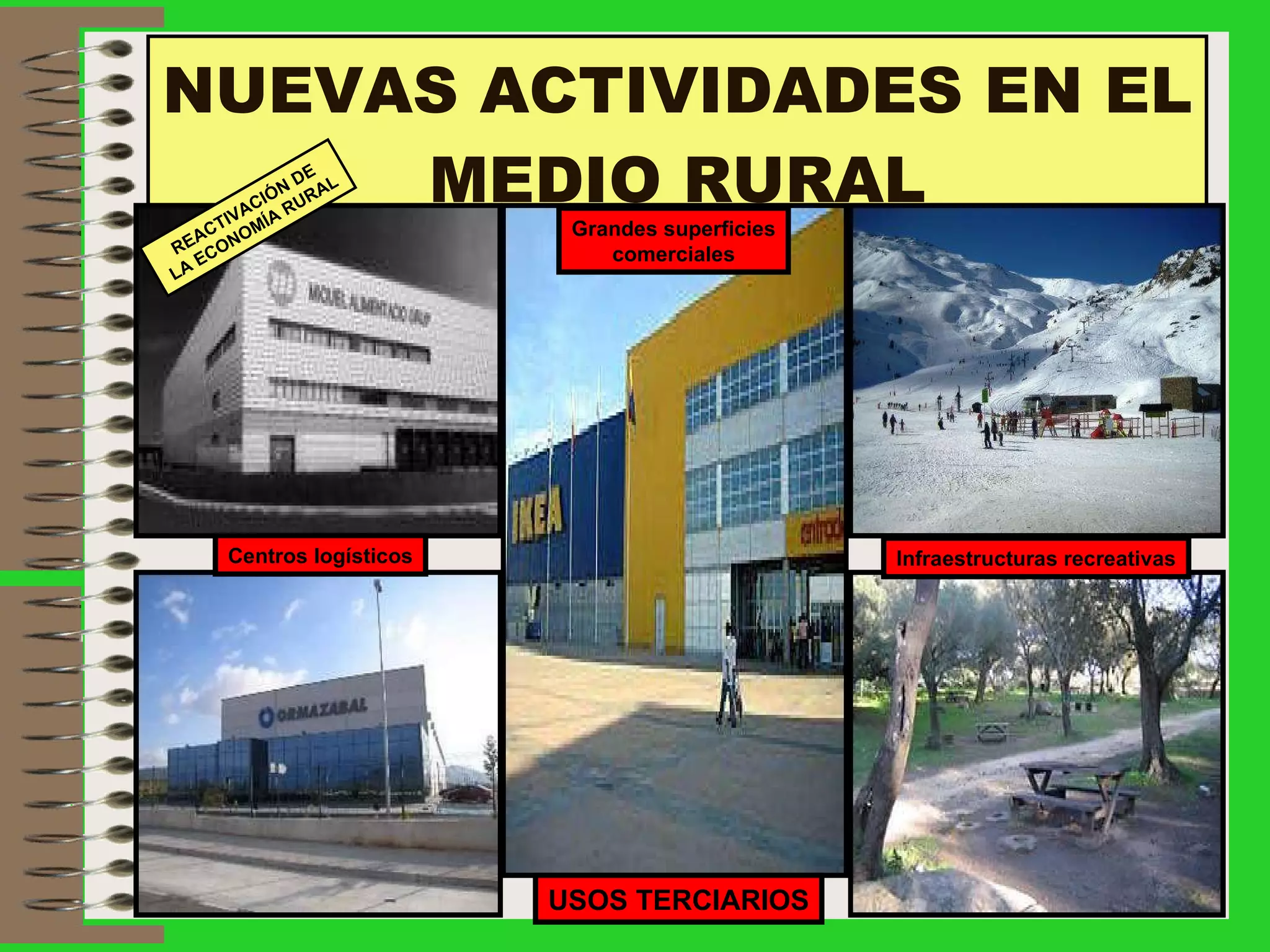 NUEVAS ACTIVIDADES EN EL MEDIO RURAL USOS TERCIARIOS Centros logísticos Infraestructuras recreativas Grandes superficies comerciales REACTIVACIÓN DE LA ECONOMÍA RURAL 