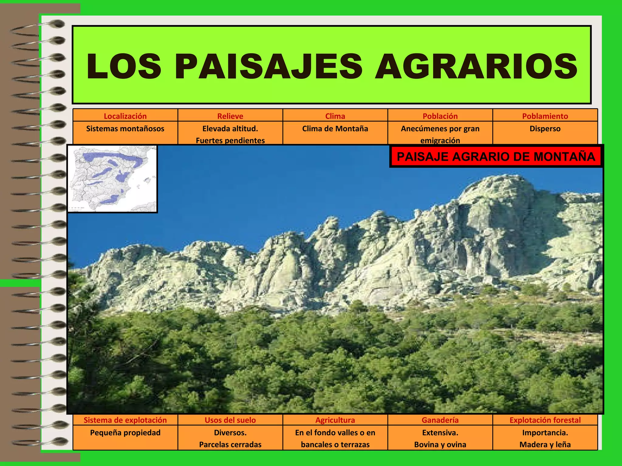 LOS PAISAJES AGRARIOS PAISAJE AGRARIO DE MONTAÑA Localización Relieve Clima Población Poblamiento Sistemas montañosos Elevada altitud. Fuertes pendientes Clima de Montaña Anecúmenes por gran emigración Disperso Sistema de explotación Usos del suelo Agricultura Ganadería Explotación forestal Pequeña propiedad Diversos. Parcelas cerradas En el fondo valles o en bancales o terrazas Extensiva. Bovina y ovina Importancia. Madera y leña 