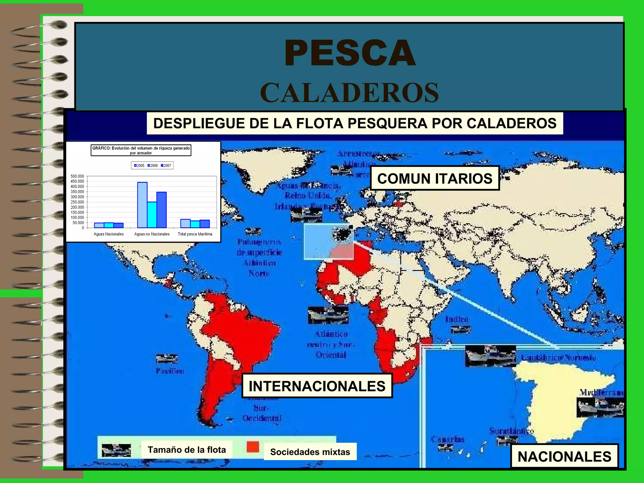 PESCA CALADEROS Tamaño de la flota Sociedades Mixtas DESPLIEGUE DE LA FLOTA PESQUERA POR CALADEROS NACIONALES INTERNACIONALES COMUN ITARIOS Sociedades mixtas 