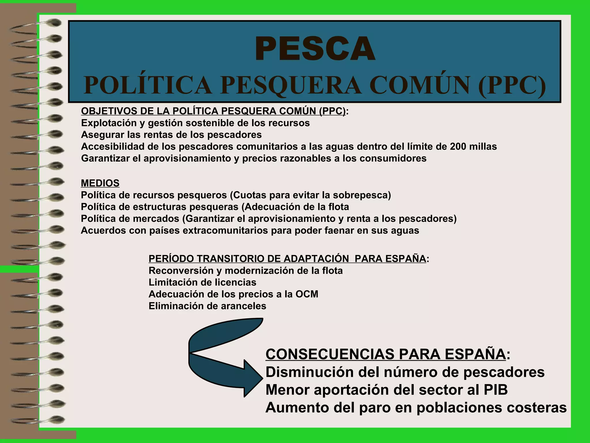 PESCA POLÍTICA PESQUERA COMÚN (PPC) PERÍODO TRANSITORIO DE ADAPTACIÓN  PARA ESPAÑA : Reconversión y modernización de la flota Limitación de licencias Adecuación de los precios a la OCM Eliminación de aranceles CONSECUENCIAS PARA ESPAÑA : Disminución del número de pescadores Menor aportación del sector al PIB Aumento del paro en poblaciones costeras OBJETIVOS DE LA POLÍTICA PESQUERA COMÚN (PPC) : Explotación y gestión sostenible de los recursos Asegurar las rentas de los pescadores Accesibilidad de los pescadores comunitarios a las aguas dentro del límite de 200 millas Garantizar el aprovisionamiento y precios razonables a los consumidores MEDIOS Política de recursos pesqueros (Cuotas para evitar la sobrepesca) Política de estructuras pesqueras (Adecuación de la flota Política de mercados (Garantizar el aprovisionamiento y renta a los pescadores) Acuerdos con países extracomunitarios para poder faenar en sus aguas 