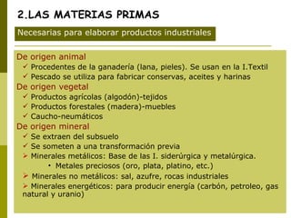 2.LAS MATERIAS PRIMAS De origen animal  Procedentes de la ganadería (lana, pieles). Se usan en la I.Textil Pescado se utiliza para fabricar conservas, aceites y harinas De origen vegetal  Productos agrícolas (algodón)-tejidos Productos forestales (madera)-muebles Caucho-neumáticos De origen mineral Se extraen del subsuelo Se someten a una transformación previa Minerales metálicos: Base de las I. siderúrgica y metalúrgica. Metales preciosos (oro, plata, platino, etc.) Minerales no metálicos: sal, azufre, rocas industriales Minerales energéticos: para producir energía (carbón, petroleo, gas natural y uranio) Necesarias para elaborar productos industriales 