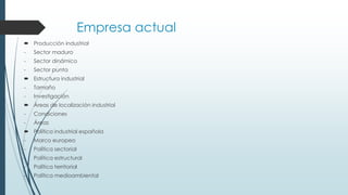 Empresa actual
 Producción industrial
- Sector maduro
- Sector dinámico
- Sector punta
 Estructura industrial
- Tamaño
- Investigación
 Áreas de localización industrial
- Condiciones
- Áreas
 Política industrial española
- Marco europeo
- Política sectorial
- Política estructural
- Política territorial
- Política medioambiental
 