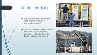 Sector maduro
 Industria electrodoméstica de
línea blanda (pequeños
electrodomésticos)
 Construcción naval: Reconversión
debido a la competencia
asiática ---- reparaciones de
barcos o barcos de guerra.
 