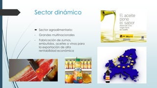 Sector dinámico
 Sector agroalimentario:
- Grandes multinacionales
- Fabricación de zumos,
embutidos, aceites o vinos para
la exportación de alta
rentabilidad económica
 