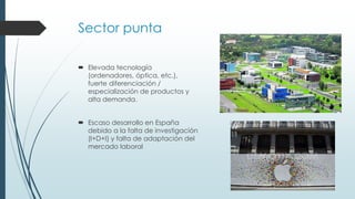 Sector punta
 Elevada tecnología
(ordenadores, óptica, etc.),
fuerte diferenciación /
especialización de productos y
alta demanda.
 Escaso desarrollo en España
debido a la falta de investigación
(I+D+I) y falta de adaptación del
mercado laboral
 
