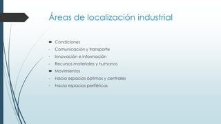 Áreas de localización industrial
 Condiciones
- Comunicación y transporte
- Innovación e información
- Recursos materiales y humanos
 Movimientos
- Hacia espacios óptimos y centrales
- Hacia espacios periféricos
 