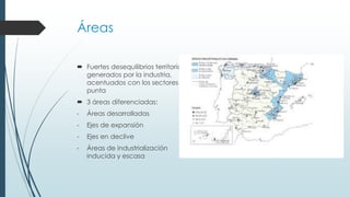 Áreas
 Fuertes desequilibrios territoriales
generados por la industria,
acentuados con los sectores
punta
 3 áreas diferenciadas:
- Áreas desarrolladas
- Ejes de expansión
- Ejes en declive
- Áreas de industrialización
inducida y escasa
 