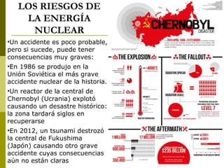 LOS RIESGOS DE
LA ENERGÍA
NUCLEAR
•Un accidente es poco probable,
pero si sucede, puede tener
consecuencias muy graves:
•En 1986 se produjo en la
Unión Soviética el más grave
accidente nuclear de la historia.
•Un reactor de la central de
Chernobyl (Ucrania) explotó
causando un desastre histórico:
la zona tardará siglos en
recuperarse
•En 2012, un tsunami destrozó
la central de Fukushima
(Japón) causando otro grave
accidente cuyas consecuencias
aún no están claras
 