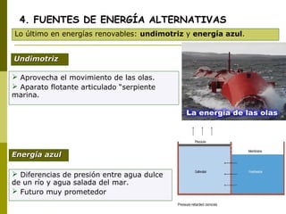  Aprovecha el movimiento de las olas.
 Aparato flotante articulado “serpiente
marina.
4. FUENTES DE ENERGÍA ALTERNATIVAS
Lo último en energías renovables: undimotriz y energía azul.
UndimotrizUndimotriz
Energía azulEnergía azul
 Diferencias de presión entre agua dulce
de un río y agua salada del mar.
 Futuro muy prometedor
 