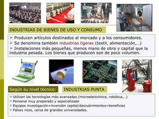 INDUSTRIAS DE BIENES DE USO Y CONSUMO
 Producen artículos destinados al mercado y a los consumidores.
 Se denomina también industrias ligeras (textil, alimentación,…)
 Instalaciones más pequeñas, menos mano de obra y capital que la
industria pesada. Los bienes que producen son de poco volumen.
Según su nivel técnico: INDUSTRIAS PUNTA
 Utilizan las tecnologías más avanzadas (microelectrónica, robótica,…)
 Personal muy preparado y especializado
 Equipos investigación=inversión capital/descubrimientos=beneficios
 Países ricos, cerca de grandes universidades.
 