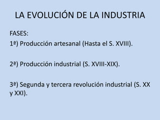 LA EVOLUCIÓN DE LA INDUSTRIA
FASES:
1ª) Producción artesanal (Hasta el S. XVIII).
2ª) Producción industrial (S. XVIII-XIX).
3ª) Segunda y tercera revolución industrial (S. XX
y XXI).
 