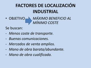 FACTORES DE LOCALIZACIÓN
INDUSTRIAL
• OBJETIVO MÁXIMO BENEFICIO AL
MÍNIMO COSTE
Se buscan:
- Menos coste de transporte.
- Buenas comunicaciones.
- Mercados de venta amplios.
- Mano de obra barata/abundante.
- Mano de obra cualificada.
 