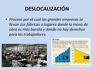DESLOCALIZACIÓN
• Proceso por el cual las grandes empresas se
llevan sus fábricas a lugares donde la mano de
obra es más barata y donde no hay derechos
para los trabajadores.
 