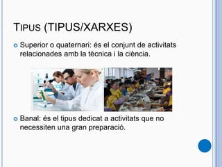 TIPUS (TIPUS/XARXES)
 Superior o quaternari: és el conjunt de activitats
relacionades amb la tècnica i la ciència.
 Banal: és el tipus dedicat a activitats que no
necessiten una gran preparació.
 