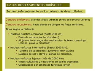 Centros emisores:  grandes áreas urbanas (fines de semana-verano) Centros receptores:   hacia donde se dirigen los flujos turísticos. Tipos según la distancia: Núcleos turísticos cercanos (hasta 200 km). Fines de semana (automóvil-tren) Alojamiento en segundas residencias, hoteles, campings (campo, playa o montaña) Núcleos turísticos intermedios (hasta 2000 km). Turismo de vacaciones (automóvil-tren-avión) Lugares de sol y playa y, zonas de montaña. Núcleos turísticos lejanos (más de 2000 km). Viajes culturales y vacaciones en países tropicales. Organizados por empresas turísticas (avión) 1.2 LOS DESPLAZAMIENTOS TURÍSTICOS Se dan preferentemente en los países más desarrollados. 