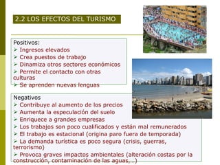 Positivos: Ingresos elevados Crea puestos de trabajo Dinamiza otros sectores económicos Permite el contacto con otras culturas Se aprenden nuevas lenguas 2.2 LOS EFECTOS DEL TURISMO Negativos Contribuye al aumento de los precios Aumenta la especulación del suelo Enriquece a grandes empresas Los trabajos son poco cualificados y están mal remunerados El trabajo es estacional (origina paro fuera de temporada) La demanda turística es poco segura (crisis, guerras, terrorismo) Provoca graves impactos ambientales (alteración costas por la construcción, contaminación de las aguas,…) 