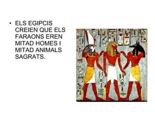 • ELS EGIPCIS
CREIEN QUE ELS
FARAONS EREN
MITAD HOMES I
MITAD ANIMALS
SAGRATS.
 