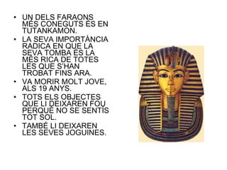 • UN DELS FARAONS
MÉS CONEGUTS ÉS EN
TUTANKAMON.
• LA SEVA IMPORTÀNCIA
RADICA EN QUE LA
SEVA TOMBA ÉS LA
MÉS RICA DE TOTES
LES QUE S’HAN
TROBAT FINS ARA.
• VA MORIR MOLT JOVE,
ALS 19 ANYS.
• TOTS ELS OBJECTES
QUE LI DEIXAREN FOU
PERQUÈ NO SE SENTÍS
TOT SOL.
• TAMBÉ LI DEIXAREN
LES SEVES JOGUINES.
 