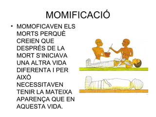 MOMIFICACIÓ
• MOMOFICAVEN ELS
MORTS PERQUÈ
CREIEN QUE
DESPRÉS DE LA
MORT S’INICIAVA
UNA ALTRA VIDA
DIFERENTA I PER
AIXÒ
NECESSITAVEN
TENIR LA MATEIXA
APARENÇA QUE EN
AQUESTA VIDA.
 