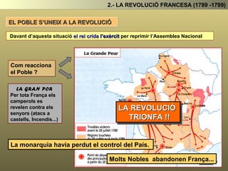 2.- LA REVOLUCIÓ FRANCESA (1789 -1799)
EL POBLE S’UNEIX A LA REVOLUCIÓ
Davant d’aquesta situació el rei crida l’exèrcit per reprimir l’Assemblea Nacional
Com reacciona
el Poble ?
A París les Classes Popular Urbanes Assalten la presó i
arsenal militar de La Bastilla (14 Juliol 1789)
Les noticies del que passa a Paris arriben al camp i es
produeix “ La Gran Por ”.
LA REVOLUCIÓ
TRIONFA !!
Els membres del Tercer Estat es revelen per tot arreu en defensa dels seus
representats i la monarquia perd el control del País.
Molts Nobles abandonen França...
LA GRAN POR
Per tota França els
camperols es
revelen contra els
senyors (atacs a
castells, Incendis...)
 