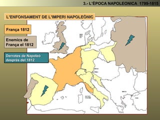 Els Girondins incapaços de fer front a aquest problemes: No volen fer cas de les
demandes de les classes populars, (sans-culottes) però tampoc volen tornar a l’Antic
regim (reialistes)
2.- LA REVOLUCIÓ FRANCESA (1789 -1799)
Els girondins llavors dirigeixen les seves mirades
cap un jove general Napoleó Bonaparte,
Un militar que havia guanyat nombroses batalles
contra els exèrcits enemics de les potències
absolutistes que havien envair França i que gaudia
de molta fama i suport popular .
El 1799 Napoleó fa un
Cop d’Estat
i pren el poder
Posant fi a deu
anys de
revolució
(1789 – 1799)
Comencen a pensar que l’exèrcit és la única sortida per mantenir l’ordre social..
 