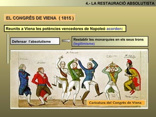 3.- L’ÈPOCA NAPOLEONICA 1799-1815
El 1799 Napoleó pren el poder i posa fi a la Revolució Francesa.
Napoleó va governar França de 1799 a 1815 i al seu govern podem diferenciar dues
etapes:
A) EL CONSOLAT (1799-1804)
B) L’IMPERI NAPOLEONIC (1804-1815)
Durant aquest període posa pau a l’interior del país.
Reprimeix als jacobins i posa fi a les protestes populars .
Tranquil·litza als
reialistes
Llei del retorn dels emigrats
Restableix el culte catòlic
Per evitar que les monarquies absolutistes europees
tornin a posar en perill el liberalisme aconseguit a
França, Napoleó inicia la conquesta d’Europa formant
un gran imperi.
El 2 de desembre de 1804 es proclama emperador a la catedral de Notre-Dame de Paris.
 