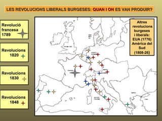 Revolucions
1820
Revolucions
1830
Revolucions
1848
Revolució
francesa
1789
Altres
revolucions
burgeses
i liberals:
EUA (1776)
Amèrica del
Sud
(1808-26)
LES REVOLUCIONS LIBERALS BURGESES: QUAN I ON ES VAN PRODUIR?
 