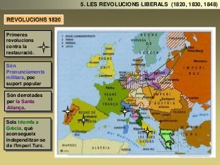 Primeres
revolucions
contra la
restauració.
Són derrotades
per la Santa
Aliança.
5. LES REVOLUCIONS LIBERALS (1820, 1830, 1848)
REVOLUCIONS 1820
Són
Pronunciaments
militars, poc
suport popular
Sols triomfa a
Grècia, què
aconsegueix
independitzar-se
de l’Imperi Turc.
 
