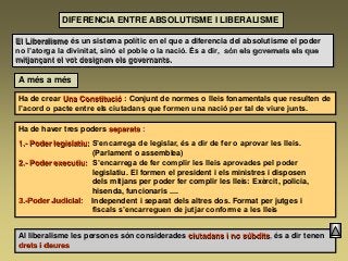 DIFERENCIA ENTRE ABSOLUTISME I LIBERALISME
El Liberalisme és un sistema polític en el que a diferencia del absolutisme el poder
no l’atorga la divinitat, sinó el poble o la nació. És a dir, són els governats els que
mitjançant el vot designen els governants.
A més a més
Ha de crear Una Constitució : Conjunt de normes o lleis fonamentals que resulten de
l’acord o pacte entre els ciutadans que formen una nació per tal de viure junts.
Ha de haver tres poders separats :
1.- Poder legislatiu: S’encarrega de legislar, és a dir de fer o aprovar les lleis.
(Parlament o assemblea)
2.- Poder executiu: S’encarrega de fer complir les lleis aprovades pel poder
legislatiu. El formen el president i els ministres i disposen
dels mitjans per poder fer complir les lleis: Exèrcit, policia,
hisenda, funcionaris ....
3.-Poder Judicial: Independent i separat dels altres dos. Format per jutges i
fiscals s’encarreguen de jutjar conforme a les lleis
Al liberalisme les persones són considerades ciutadans i no súbdits, és a dir tenen
drets i deures
 