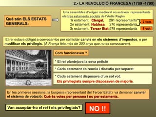 2.- LA REVOLUCIÓ FRANCESA (1789 -1799)
Què són ELS ESTATS
GENERALS:
Una assemblea d’origen medieval on estaven representants
els tres estaments socials de l’Antic Regim
1r estament: Clergat, 291 representants
2n estament: Noblesa, 270 representants
3r estament: Tercer Etat 578 representants
El rei estava obligat a convocar-los per sol·licitar canvis en els sistemes d’impostos, o per
modificar els privilegis. (A França feia més de 300 anys que no es convocaven).
Com funcionaven ?
* El rei plantejava la seva petició
* Cada estament es reunia i discutia per separat
* Cada estament disposava d’un sol vot.
2 vots
1 vot
Els privilegiats sempre disposaven de majoria.
En les primeres sessions, la burgesia (representant del Tercer Estat) va demanar canviar
el sistema de votació: Què és votes per persona i no per estaments.
Van acceptar-ho el rei i els privilegiats?
NO !!
 