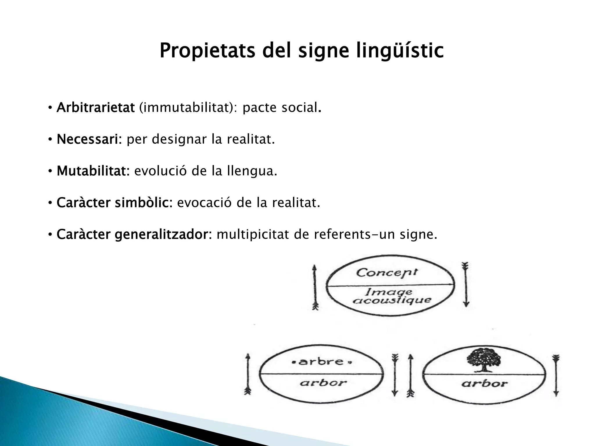 Propietats del signe lingüísticArbitrarietat(immutabilitat): pacte social.
