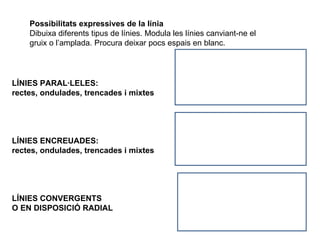 Possibilitats expressives de la línia Dibuixa diferents tipus de línies. Modula les línies canviant-ne el gruix  o l’amplada. Procura deixar pocs espais en blanc. LÍNIES PARAL·LELES:  rectes, ondulades, trencades i mixtes  LÍNIES ENCREUADES:  rectes, ondulades, trencades i mixtes LÍNIES CONVERGENTS O EN DISPOSICIÓ RADIAL 