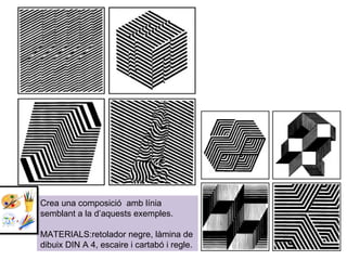 Crea una composició  amb línia semblant a la d’aquests exemples. MATERIALS:retolador negre, làmina de dibuix DIN A 4, escaire i cartabó i regle. 
